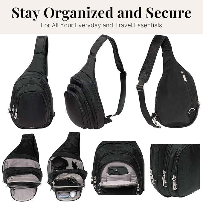 Baggallini Securtex® Anti-Theft Multi Zip Sling - Lightweight 8.6"x15.2" Travel Bag with Locking Zippers & RFID Protection