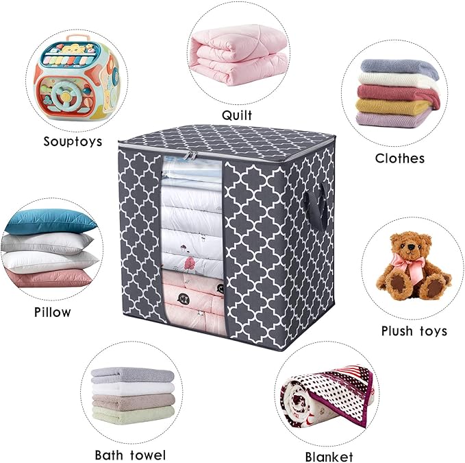 WISELIFE Storage Bags 6 Pack/100L Large Blanket Clothes Organization and Storage Containers for Comforters,Bedding, Foldable Organizer with Reinforced Handle, Clear Window, Sturdy Zippers,Gray