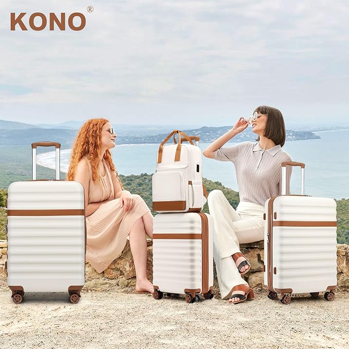 Kono Luggage Set 3 Pieces Expandable ABS Durable Suitcase Hardside with Double Spinner Wheels Tsa Lock Cream White(20in/24in/28in)