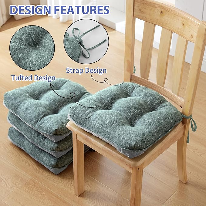 Chair Cushions for Dining Chairs Set of 6, Kitchen Chair Cushions, Chair Pads with Ties Non Slip Backing, Christmas Room Decor, Tufted Memory Foam Seat Cushion 6 Pack, 15.5x15.5x4, Sage Green
