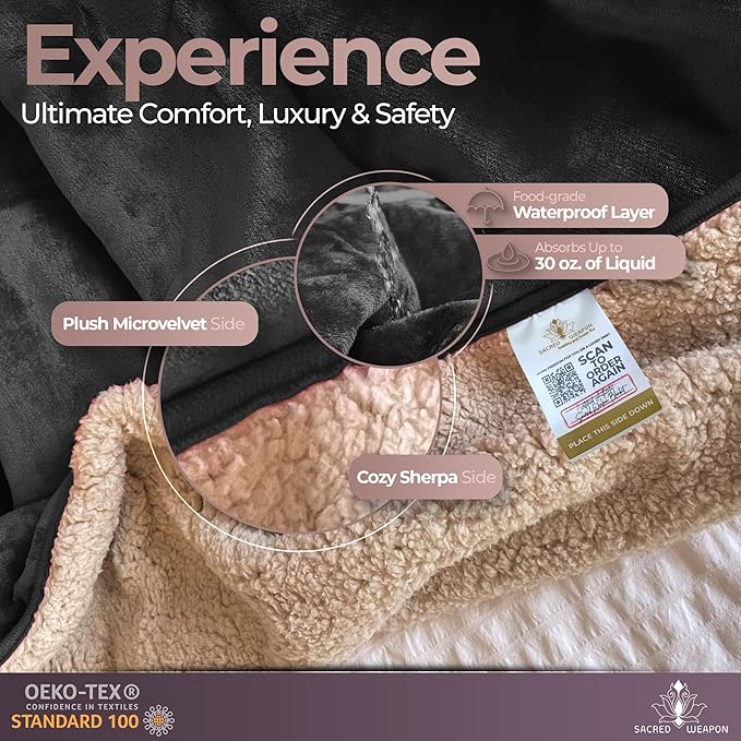 Sacred Weapon Waterproof Blanket for Bed – Mini Sherpa & Fleece Throw – Water Proof Blanket for Couch Cover & Mattress Protector Absorbent Washable Spill Proof – Travel Blankets (Black, 40"x 45")