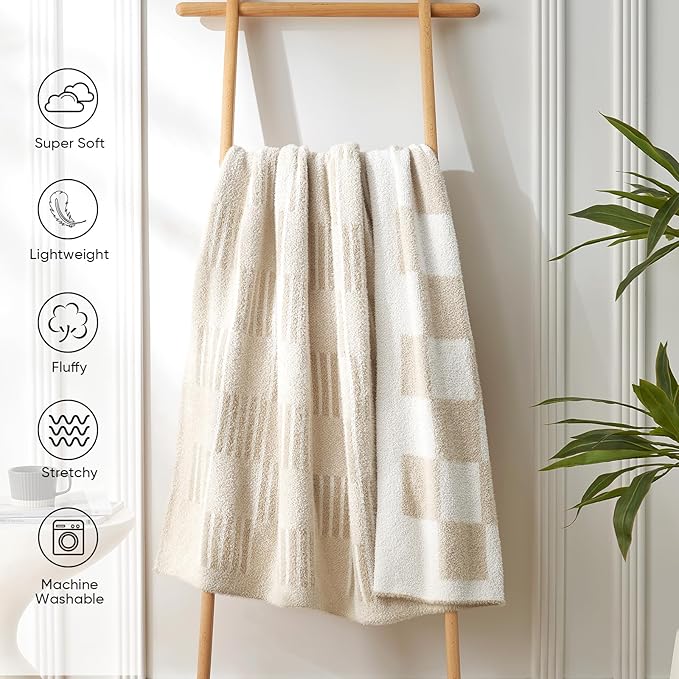 Snuggle Sac Faux Fur Checkered Blanket Twin Size with Soft Knitted Microfiber,Reversible Soft Cozy Warm Blanket for Sofa Bedroom,Cute Lightweight Striped Throws for Women,Heather Cream,60x80 inches