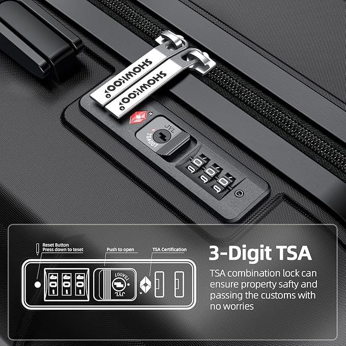 SHOWKOO Luggage Sets Expandable 100% PC Durable Suitcase Double Wheels TSA Lock Black