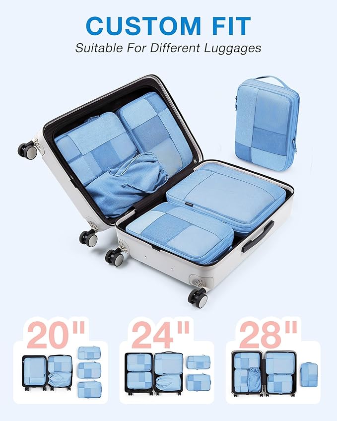 BAGSMART Compression Packing Cubes for Travel, 6 Set Packing Cubes for Carry on Suitcases, Compression Travel Cubes & Suitcase Organizer for Packing with Shoe Bag Sky Blue