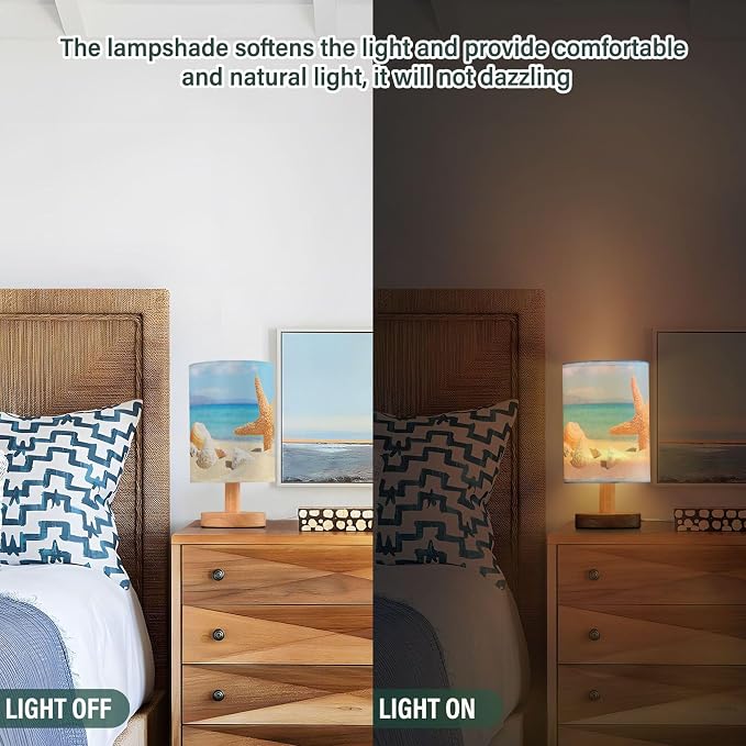 Table Lamp Ocean Beach Starfish Seashell Stone Blue Sky Nightstand Lamp with Wood Base Fabric Lamp Shade Bedside Desk Lamp for Living Room Bedroom Kids Room Office
