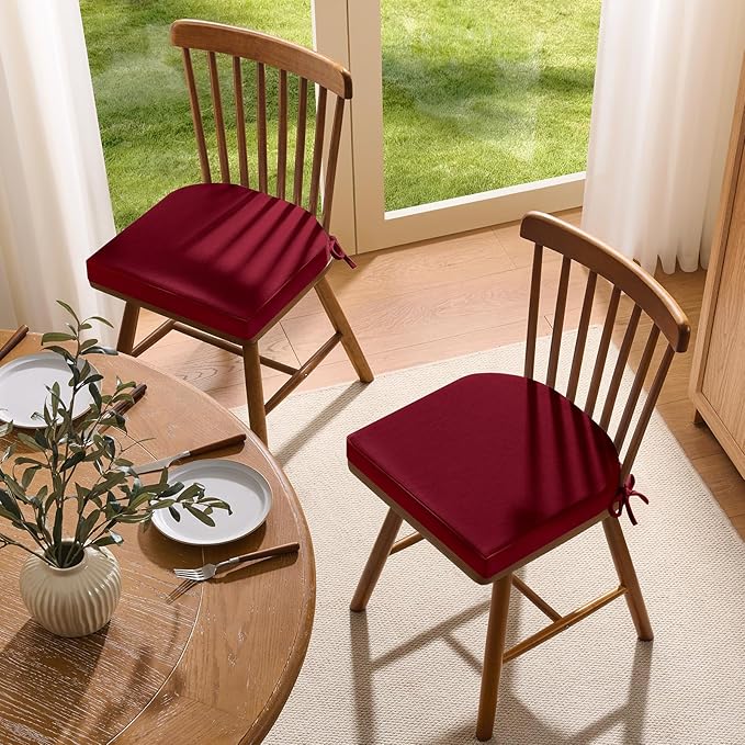 downluxe Chair Cushions for Dining Chairs, Memory Foam Linen Kitchen Chair Pads with Ties, Waterproof, Stain-Resistant and Washable Cover, 17" x 16" x 2.5", Red, 6 Pack