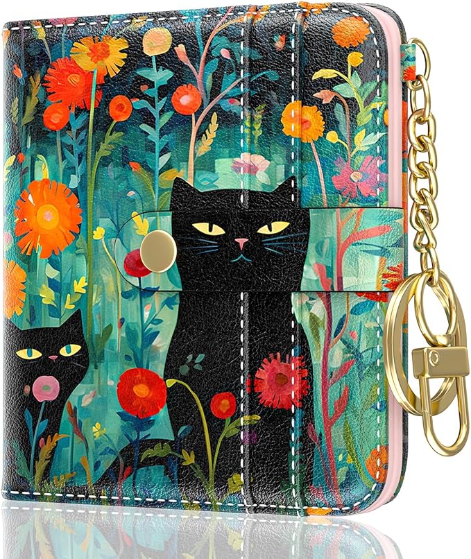 Aiawoxc Womens Wallet, RFID Small Wallets for Women, Slim Compact Credit Card Holder, Cute Leather Bifold Ladies Purse with Zipper Coin Pocket and ID Window, Cute Cat