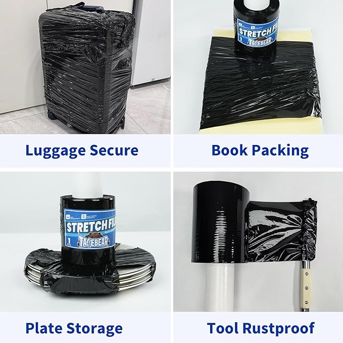 TAPEBEAR Black Stretch Wrap Film 4" x 1000Ft Shrink Wrap Roll with Handle, 60 Gauge Thick Durable Self-Adhering Plastic Wrap Industrial Strength Pallet Shrink for Moving, Packing, Storage