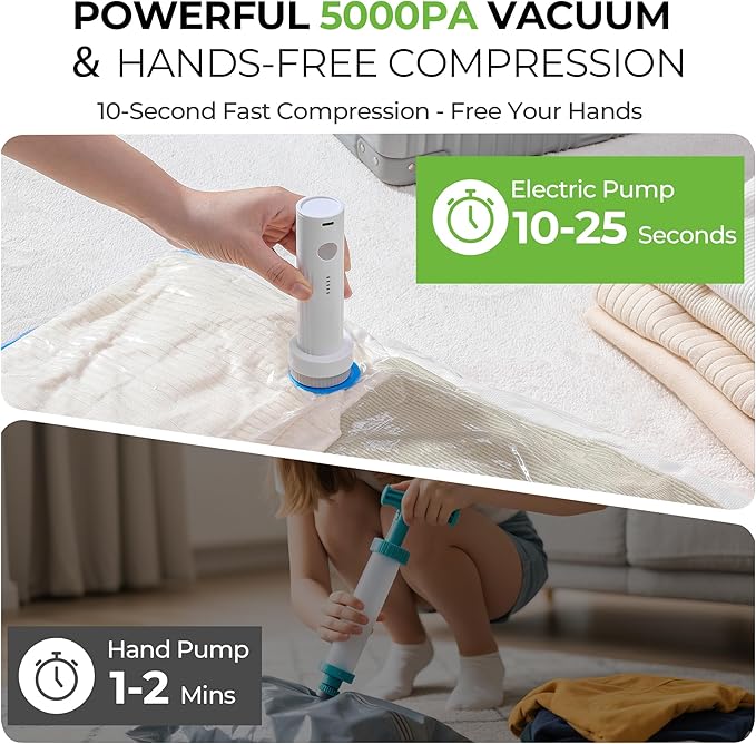 Vacuum Storage Bags for Travel - 15 Pack Compression Packing with Wireless Electric Pump for Luggage Vacuum Seal Bags for Clothes Space Saver Organizer for Moving Clothing Suitcase Travel