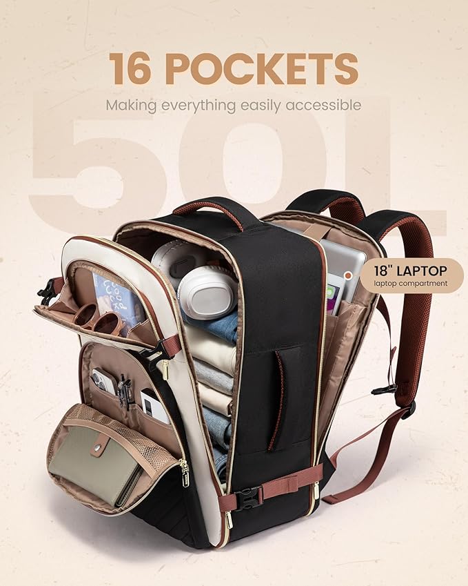 LOVEVOOK Travel Backpack Carry on Flight Approved 50L,Waterproof TSA Travel Essentials Personal Item Backpack for Women Men,Large Carry on Luggage Suitcase Travel Bag for Airplane with 3 Packing Cubes