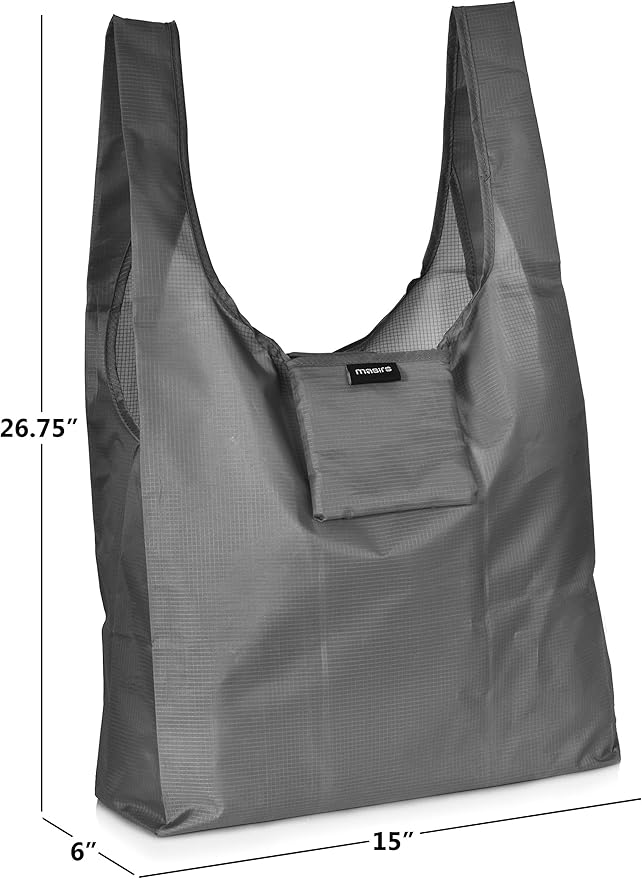 Masirs Reusable Grocery Bag (6-PACK | GREY) - Reusable Ripstop Bags - Large, Strong Eco Friendly Bags - Foldable Shopping Bag - For Kitchen, Grocery & More - Packable Shopping Bag