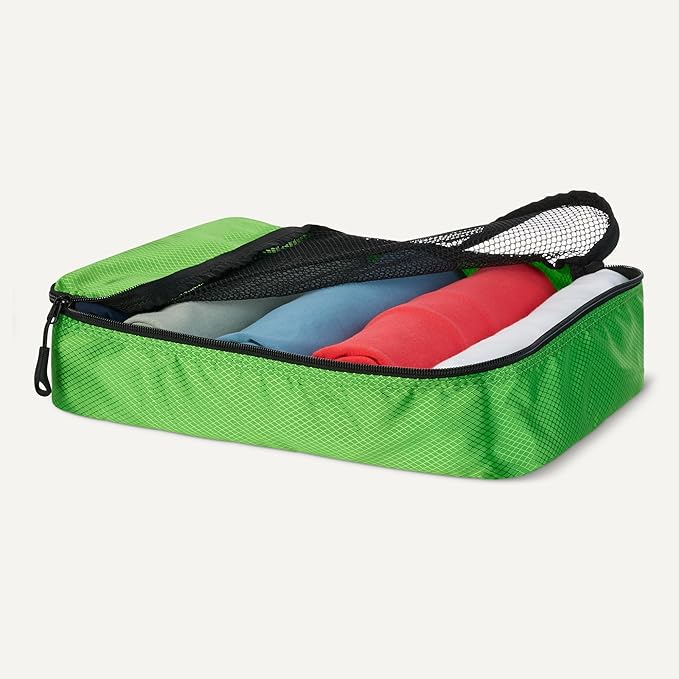 Amazon Essentials 4-Piece Packing Cubes Travel Accessories Set, Luggage Organizer with Double Zipper, Mesh Top, Space-Saving for Suitcases, Small/Medium/Large/Slim, Green (Previously Amazon Basics)