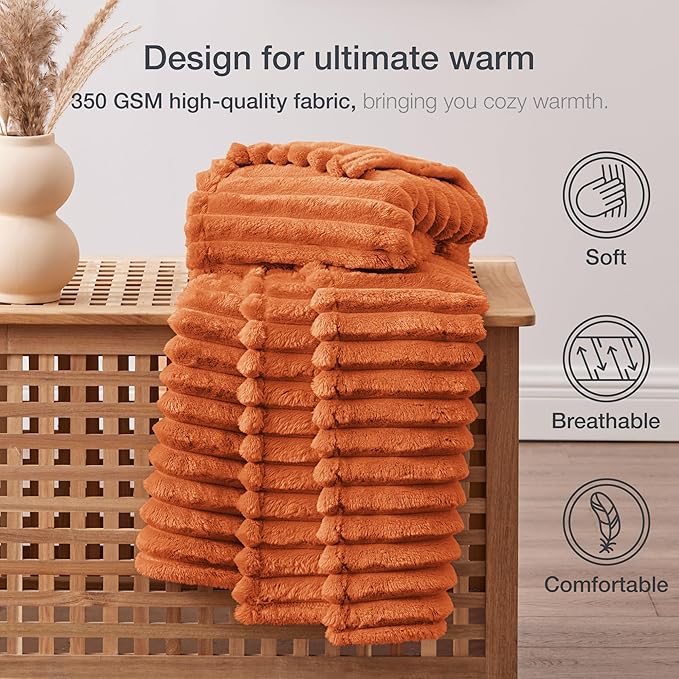 EXQ Home Fall Blanket Twin Size for Couch or Bed - 3D Stripe Jacquard Decorative Fleece Blankets - Cozy Soft Lightweight Fuzzy Flannel Blanket Suitable for All Seasons(60"×80",Orange)