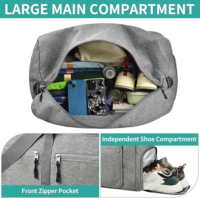 Dimayar 65L Travel Duffle Bag for Men Women - Foldable Duffel Bag with Shoes Compartment - Overnight Bags Waterproof & Tear Resistant(Gray)