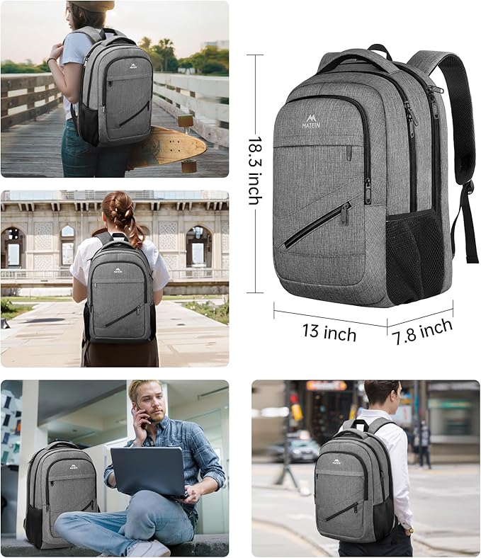 MATEIN Travel Laptop Backpack, 17 Inch Work TSA Approved Carry on Backpack, Large Computer Business Bag for Men Women with Trolley Sleeve and Anti Theft Pocket, College School Rucksack Book Bag, Grey