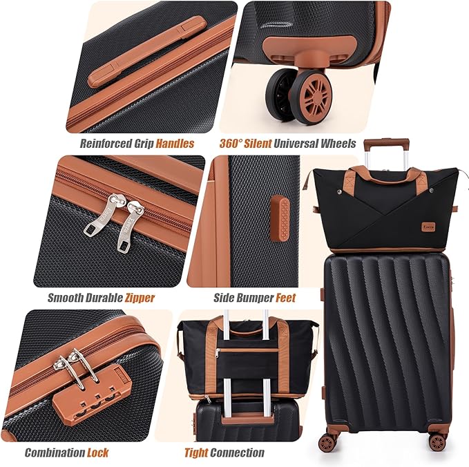 Luggage Sets 6 Piece Carry on Suitcases with Spinner Wheels ABS Hardshell Lightweight Durable Travel Luggage with Combination Lock (Black, 6 Piece Set 16"/20"/24"/28")