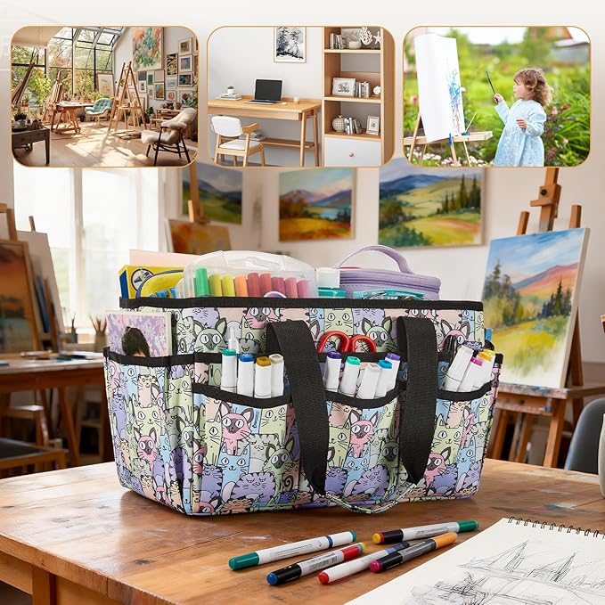 Craft Organizer Tote Bag, Art Organizer, Craft Caddy with Multiple Pockets, Storage Bag for Sewing Tools, Art Supplies, Home and Office (Cat Print)