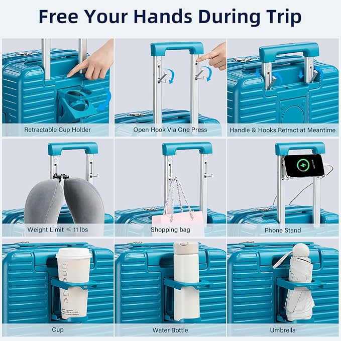 HanTrip 28 Inch Luggage Hard Shell Suitcases, Expandable Travel Checked Luggage 28 Inch, Large Check In Luggage with Spinner Wheels Cup Holder Charger Built in Lightweight Suitcase, Caribbean Blue