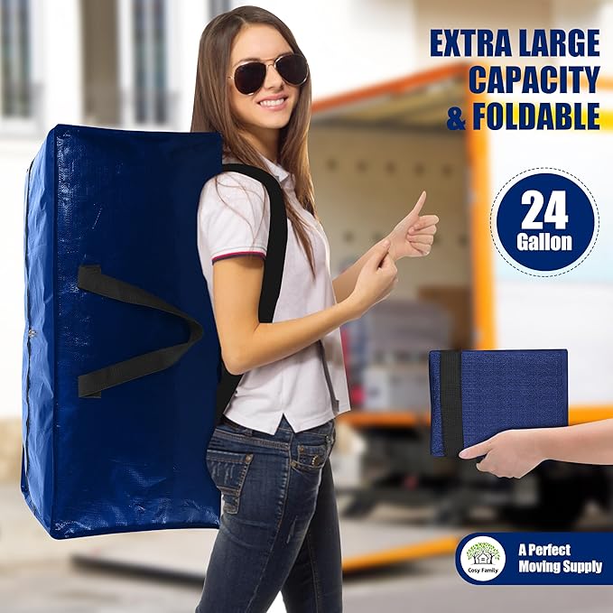 Cosy Family 12 Pack Heavy Duty Moving Bags with Backpack Straps - Strong Handles & Zippers, Storage Totes For Space Saving, Fold Flat, Alternative to Moving Box (X-Large-Set of 12, Blue)