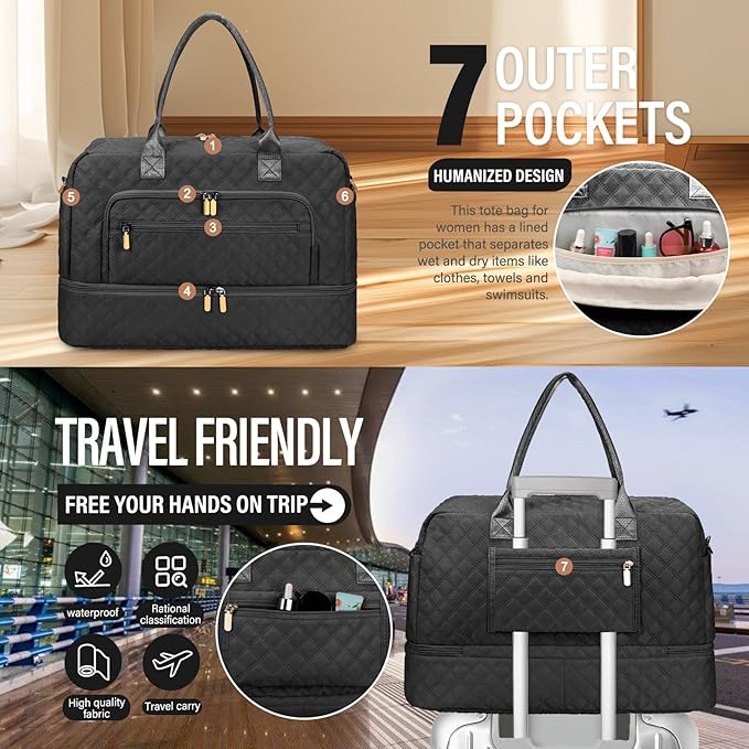 Large Travel Duffle Bag for Women,Carry on Overnight Bag Weekender Bags with Toiletry Bag Travel Bags for Women with Shoe Compartment for Gym Business Trips Sport Hospital(Black)