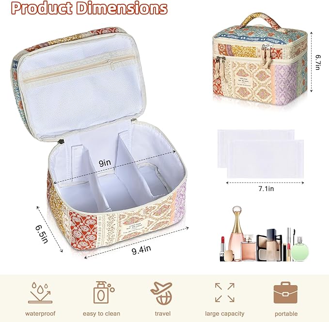 Makeup Bag, Portable Travel Make up Bag, Large Capacity Quilted Cosmetic Organizer Bag, Cute Floral Toiletry Bag for Women Girls (Color Flowers)