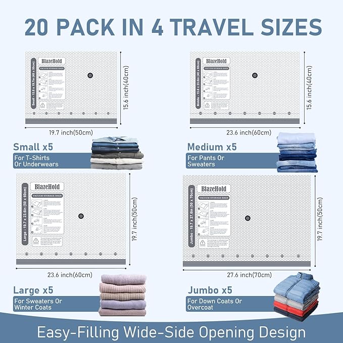 20 Pack Travel Vacuum Storage Bags with Rechargeable Electric Pump, Compression Packing Seal Bag for Luggage, 5 Small + 5 Medium + 5 Large + 5 Jumbo Space Saver Bags for Clothing Travel