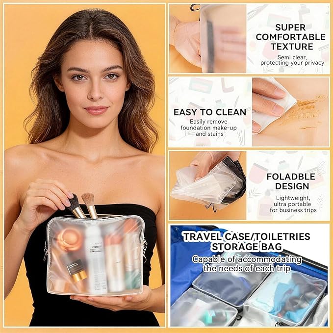 Qbily Clear Leak Proof Travel Bags for Toiletries 3 Pack, Super Soft Waterproof Leak Proof BPA Free, Semi-Clear Toiletry Cosmetic Makeup Bags for Travel, Approved Travel Toiletry Bag With Zipper