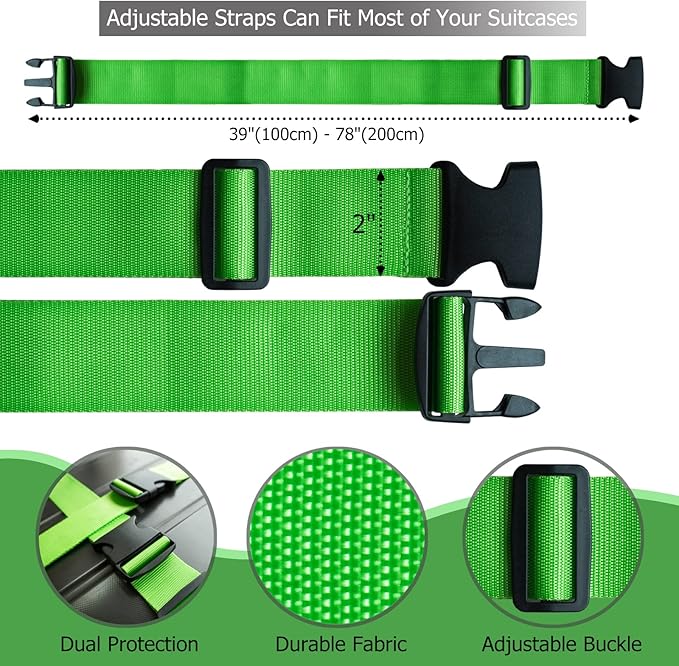 2 PCS Luggage Strap 78" x 2" Suitcase Belts Wide Adjustable Packing Straps Travel Accessories, Green