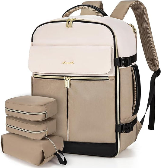 LOVEVOOK Travel Backpack for Women, TSA Carry On Backpack Flight Approved Luggage, 40L Water Resistant Personal Item Daypack Large Weekender Bag fit 17 inch Laptop with 3 Cubes, Beige-khaki-black