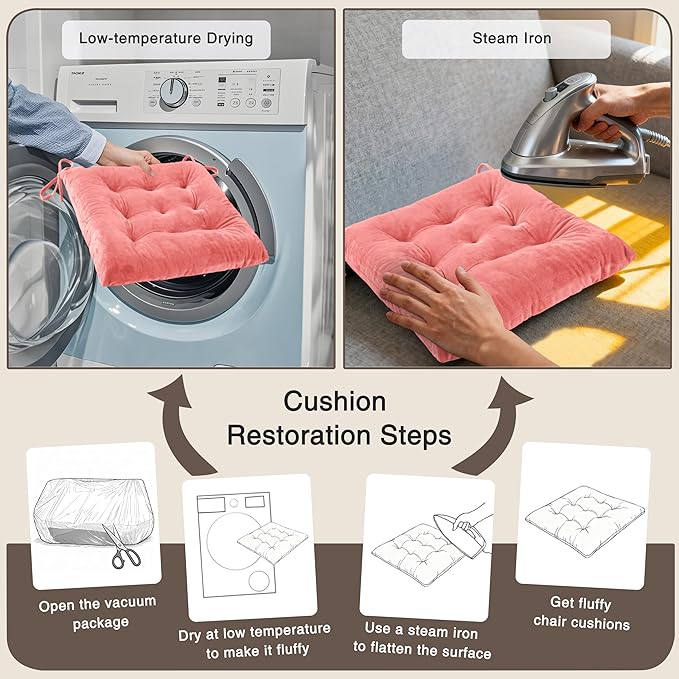 OVOV 4 Pack Chair Cushions for Dining Chairs Soft Seat Cushions for Kitchen Desk Chairs Square Chair Pads with Ties (15.5"x15.5" Pink)