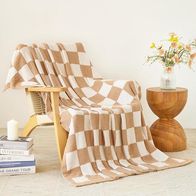 Checkered Blanket, Cozy Soft Throw Blankets for Couch Bed, Fluffy Plaid Lightweight Comfy Travel Picnic Blanket Gifts for Sofa Chair Living Room Camping (Beige, Twin 60"x80")