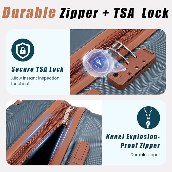 KUNEL Expandable 5 Piece Luggage Sets with Detachable Spinner Wheels and TSA Lock, Unisex Hardside ABS Suitcase Set, Hardshell Lightweight Waterproof Travel Hard Case Suitcases with Wheels, Iceblue