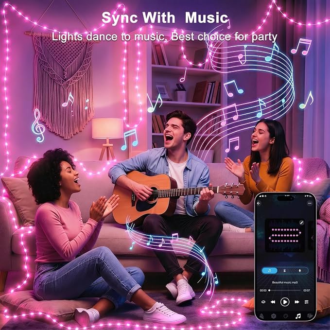 OMIKA Fairy Lights Plug in, 66FT 200 LED Smart String Lights Plug in with Remote & APP Controlled, Warm White + RGB Music Sync Timer, Twinkle Lights for Bedroom Classroom Holiday Christmas Decor