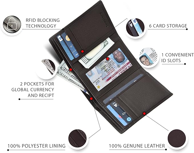 Real Leather Mens Trifold Wallet RFID Blocking Slim Minimalist Front Pocket - Thin & Stylish with ID Window in Gift Box