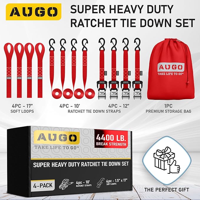 AUGO Heavy Duty Ratchet Straps & Soft Loops – Pack of 4 Extra Strong 1.5” by 10’ Ratchet Straps w/S-Hook Safety Latches & 4 Soft Loop Tie Downs – 4400Lb Break Strength for Motorcycles, ATVs, Etc.