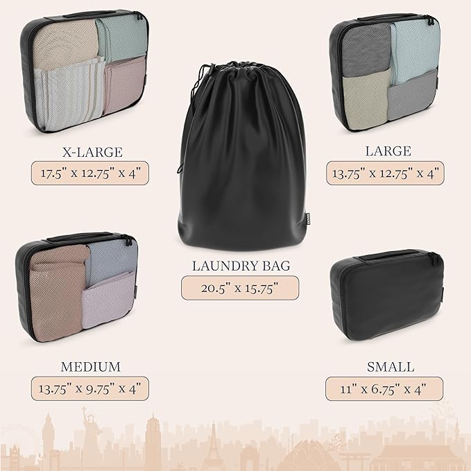 Shacke Packing Cubes for Travel 5 Set - Compression Luggage Organizer Bags - Versatile Travel Organizer for Women and Men - Optimized Packing Bags - Travel Essentials (Air Black)