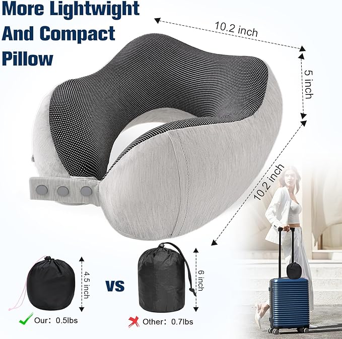 Neck Pillow for Traveling, Travel Pillows for Airplanes,100% Pure Memory Foam Travel Neck Pillow, Adjustable Flight Pillow, Portable Plane Accessories with Eye Mask, Earplugs, Carry Bag