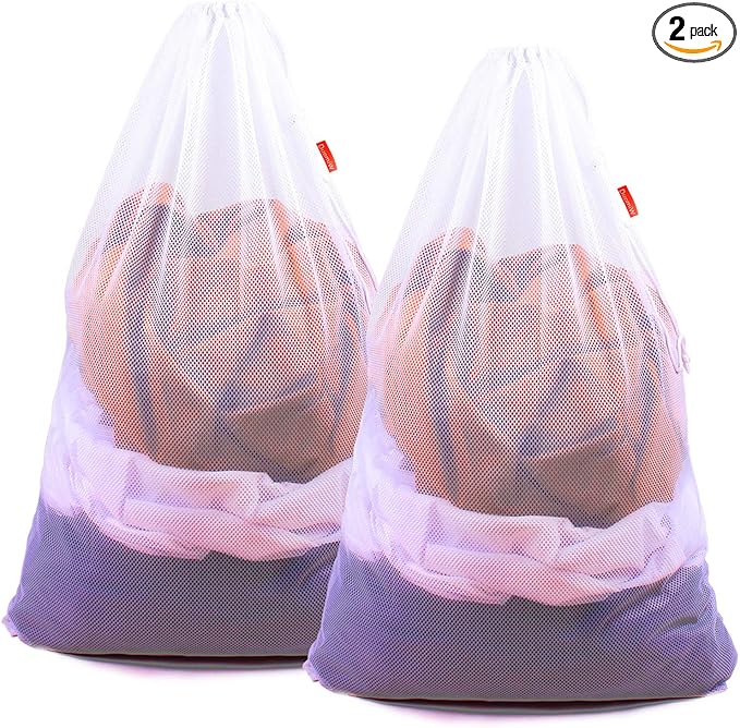 2 Pack Mesh Laundry Bags, 24 x 36 Inches Heavy Duty Drawstring Bag, Factories, College, Dorm, Travel and Apartment Dwellers, White