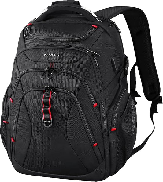 KROSER Travel Laptop Backpack 17.3 Inch XL Computer Backpack with Hard Shell Saferoom RFID Pockets Water-Repellent Business College Daypack Stylish Bag for Men/Women-Black