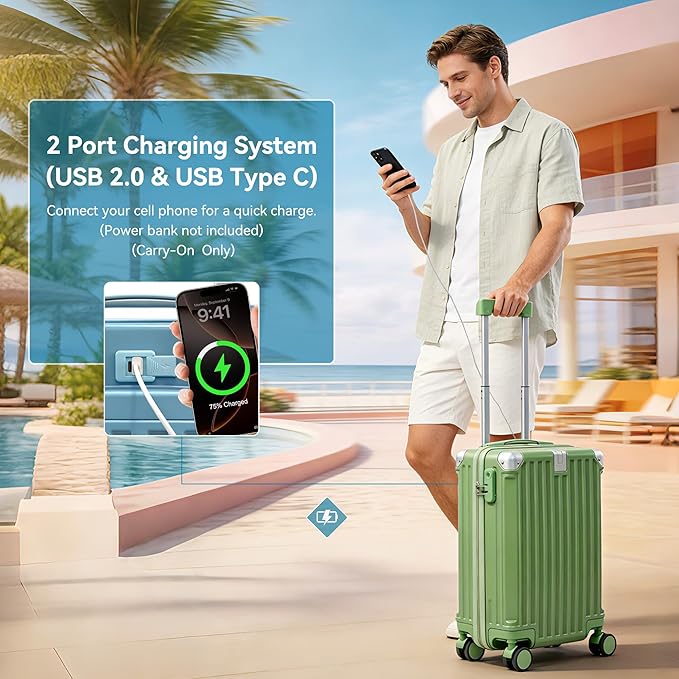 Carry On Luggage with Spinner Wheels,PC Hard Shell Suitcase with USB Port,Lightweight Travel Luggage Airline Approved for Men Women,Green,3-Piece Set (14/20/24)
