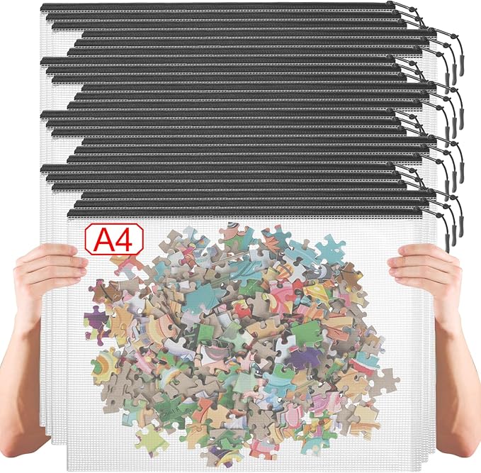 24 Pack A4 Mesh zipper pouch bags, Storage Bags, File Bags for Classroom Organization, Zipper Pouches of office supplies, Puzzles, Board Game Storage（Black）