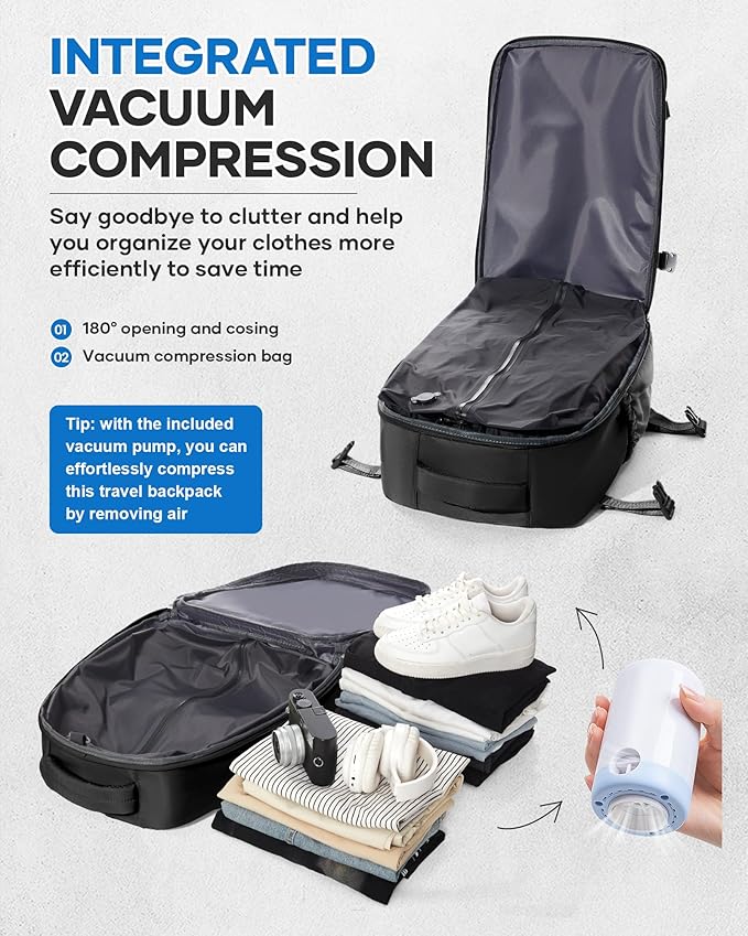 VECAVE Vacuum Travel Backpack with Pump for Women,Personal Item Carry on Backpacks Flight Approved 18x14x8 inches for Men,Laptop Waterproof Work Compression bags Casual Daypack Black