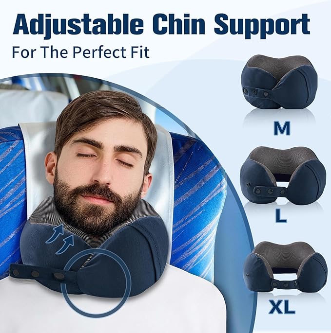 Neck Pillow for Traveling, Travel Pillows for Airplanes,100% Pure Memory Foam Travel Neck Pillow, Adjustable Flight Pillow, Portable Plane Accessories with Eye Mask, Earplugs, Carry Bag