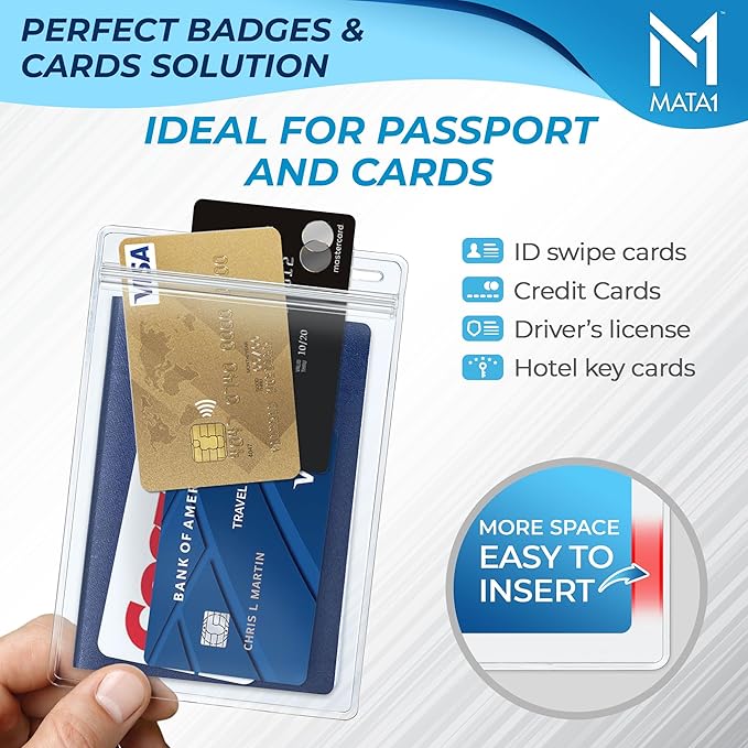 Mata1-USA Extra-Thick Passport & Identification Card Holders (Clear, 4x6 Inch, 250 Pack), Extra Large (XXL) Vertical Plastic ID Name Card Badge Holder with Zipper