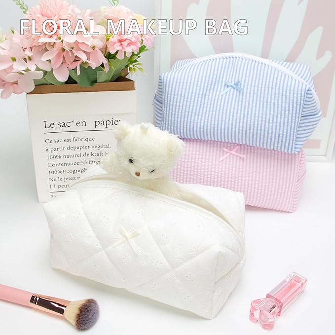 PAZIMIIK Cozy Makeup Bag Travel Cosmetic Bag for Women Soft Toiletry Bag Aesthetic Makeup Organizer Portable Large Zipper Pouch for Skincare Beauty Accessories Brushes Embroidery White