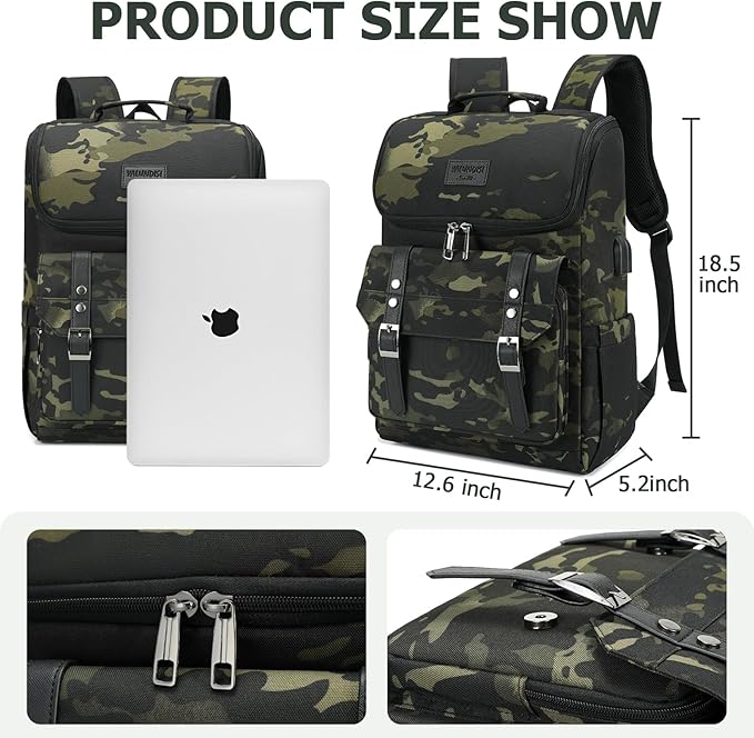 YALUNDISI Vintage Backpack Travel Laptop Backpack with usb Charging Port for Women & Men College Backpack Fits 15.6 Inch Laptop Camouflage Green