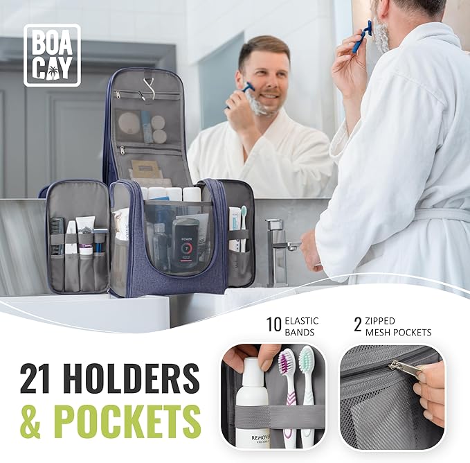 BOACAY Extra Large Hanging Travel Toiletry Bag for Women and Men, Makeup Bag, Bathroom & Shower Organizer Kit for Accessories, Cosmetics, Essentials