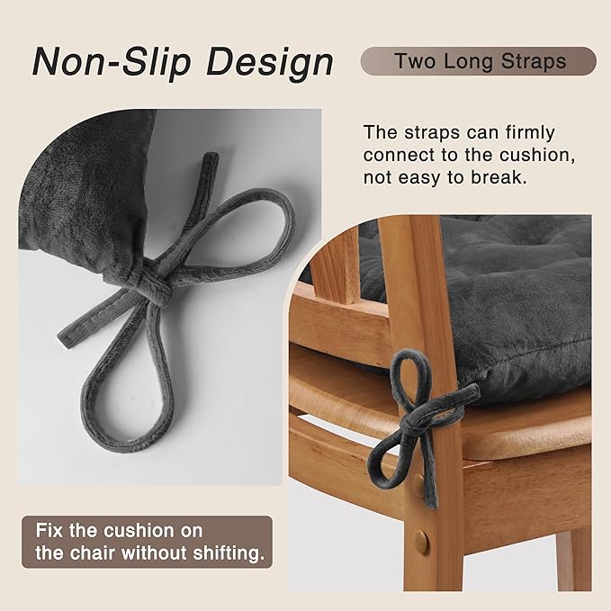 OVOV 4 Pack Chair Cushions for Dining Chairs Soft Seat Cushions for Kitchen Desk Chairs Square Chair Pads with Ties (15.5"x15.5" Dark Grey)