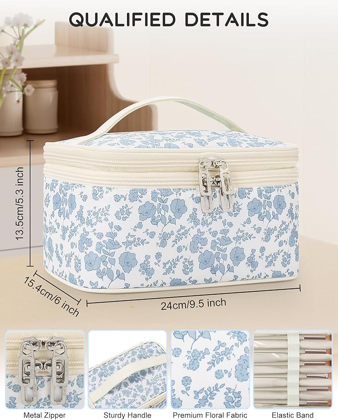 Relavel Travel Makeup Bag, Large Floral Cosmetic Bag with Makeup Brush Compartment, Portable Makeup Pouch for Women, Double Layer Makeup Organizer Bag Cute Toiletry Bag