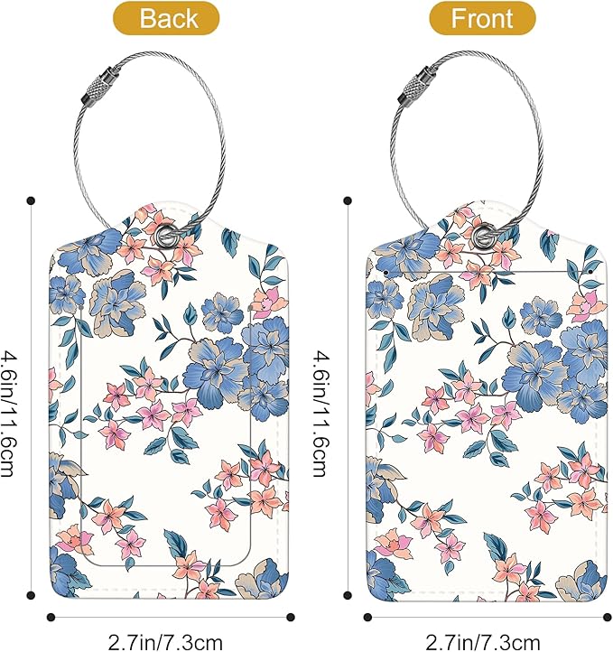 2Pack Luggage Tags for Suitcases, Cute Unique Pu Leather Cruise Luggage Tag with Privacy Cover ID Label Address Card and Metal Ring Suitable for Women Men Kids Travel Bag Blue Pink Flowers